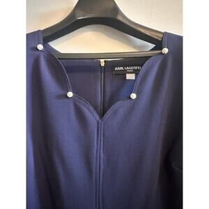 Karl Lagerfeld Paris Shift Dress Size 14 Pearl Scalloped Neck Size 14 Navy Blue